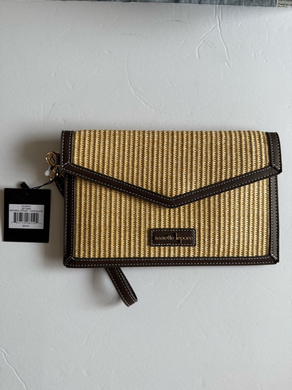 Nanette Lepore Aiza Natural Straw Raffia Envelope Wristlet Clutch Tan Brown